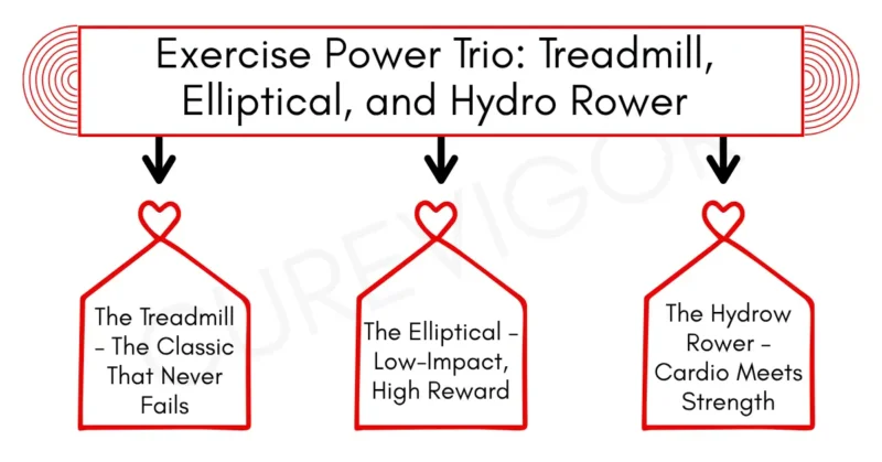 Treadmill, Elliptical, and Hydro Rower